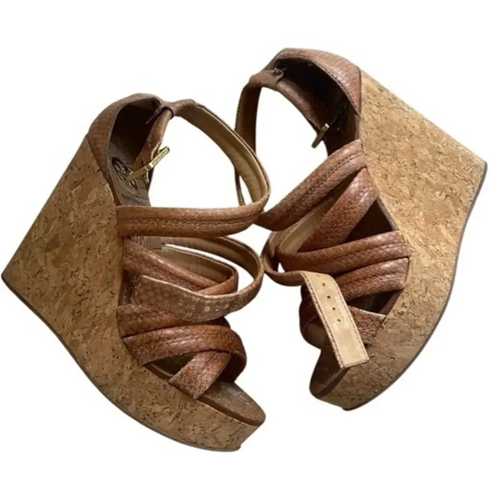Tory Burch Jeanine Brown Snake Print Cork Wedge Sandals